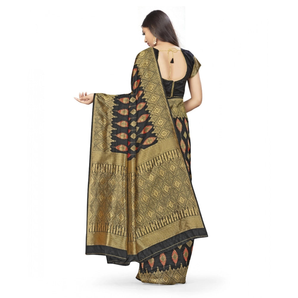 Snuggle Spot Women's Banarasi Silk Saree With Blouse (Black, 5-6Mtrs)