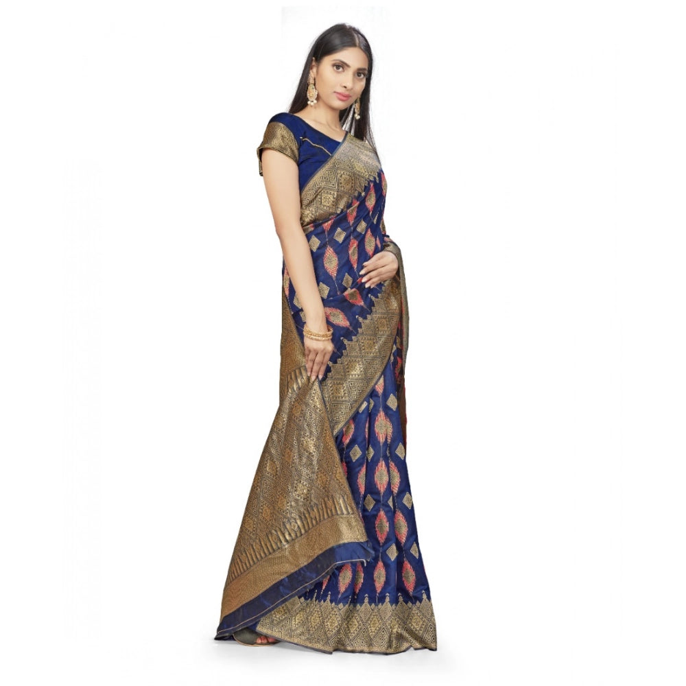 Snuggle Spot Women's Banarasi Silk Saree With Blouse (Navy Blue, 5-6Mtrs)