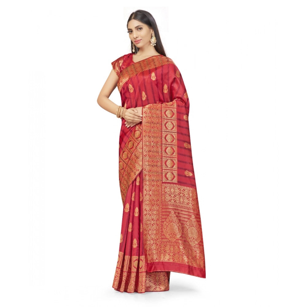Snuggle Spot Women's Banarasi Silk Saree With Blouse (Peach, 5-6Mtrs)