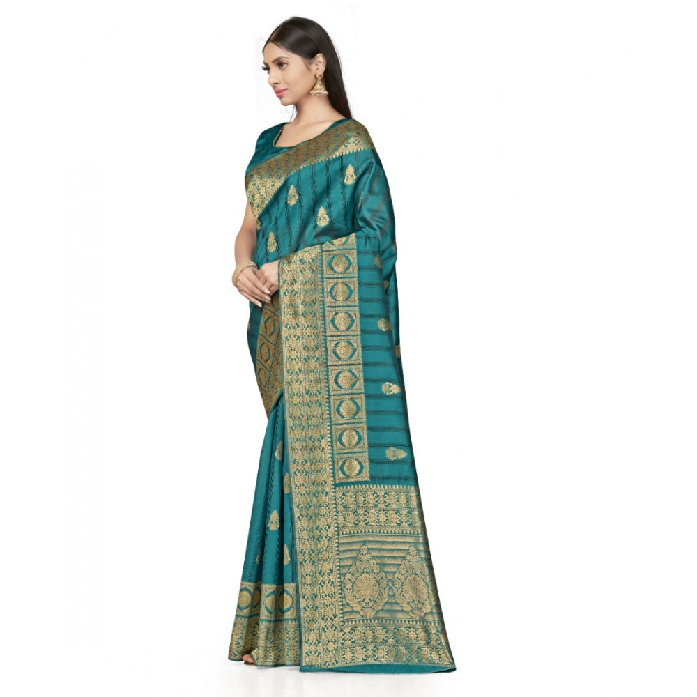 Snuggle Spot Women's Banarasi Silk Saree With Blouse (Peach, 5-6Mtrs)
