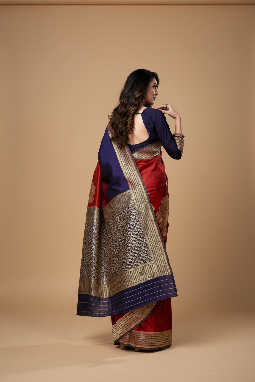 Snuggle Spot Women's Banarasi Silk Saree With Blouse (Navy Blue, Red, 5-6Mtrs)
