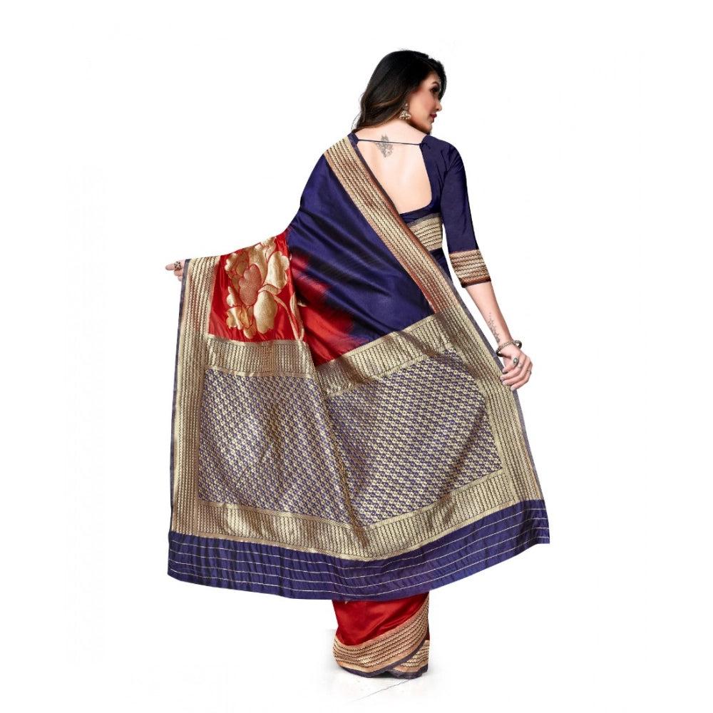 Snuggle Spot Women's Banarasi Silk Saree With Blouse (Navy Blue, Red, 5-6Mtrs)
