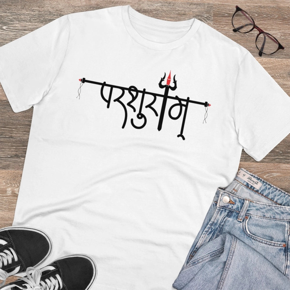 Snuggle Spot Men's PC Cotton Parsuram Printed T Shirt (Color: White, Thread Count: 180GSM)