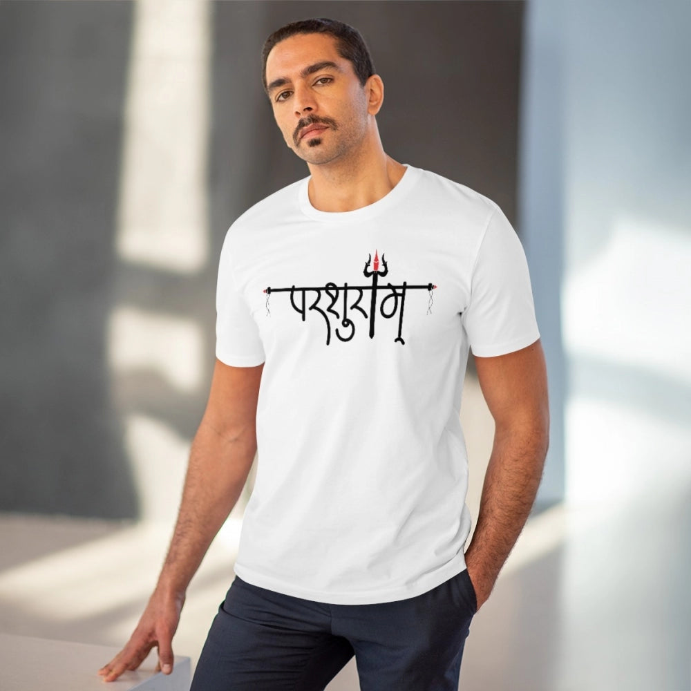 Snuggle Spot Men's PC Cotton Parsuram Printed T Shirt (Color: White, Thread Count: 180GSM)