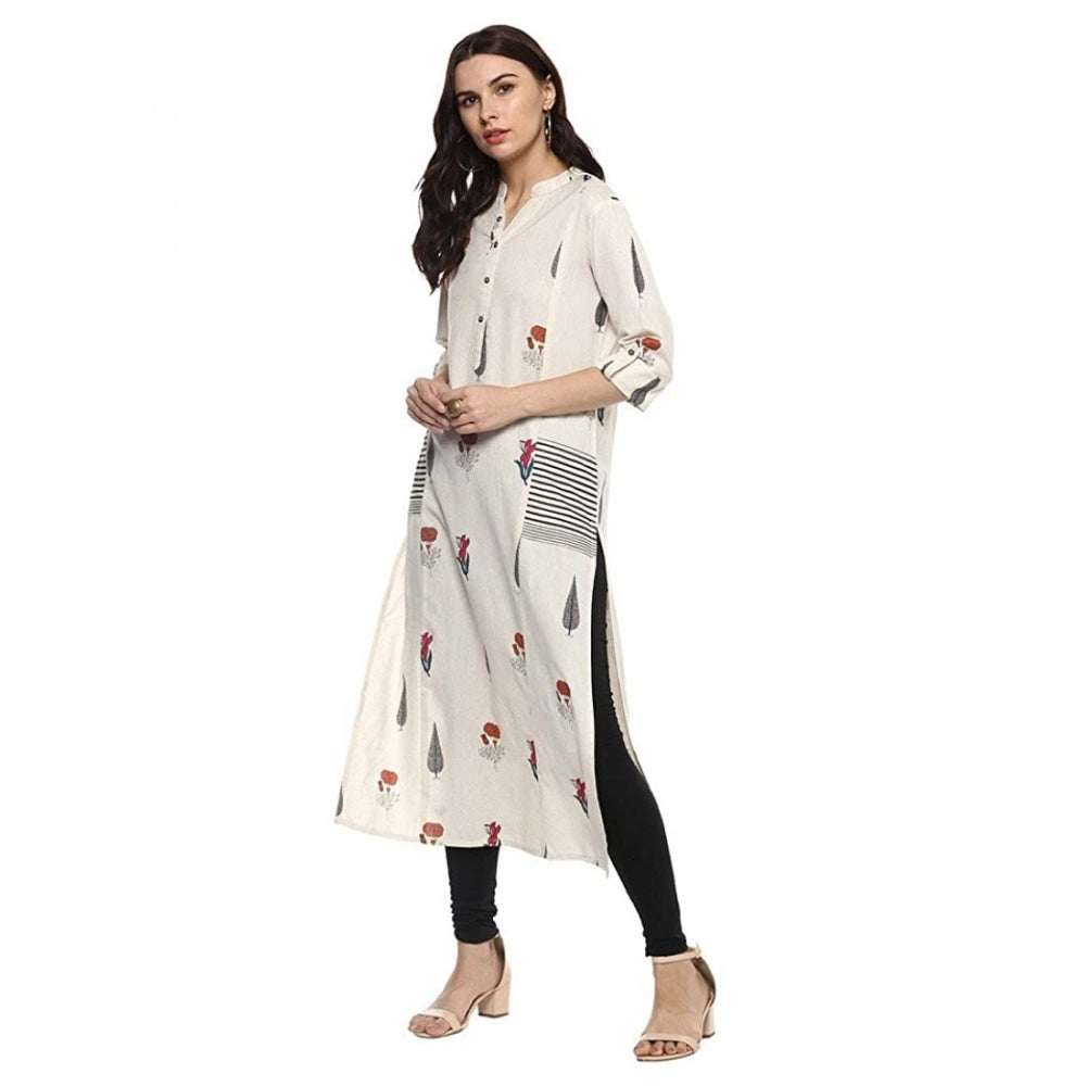 Snuggle Spot Women's Khadi Printed A Line Kurti (Off White, Khadi)