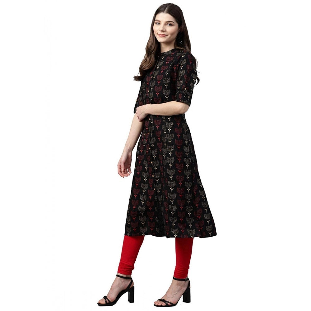 Snuggle Spot Women's Cotton Printed A Line Kurti (Black, Cotton)