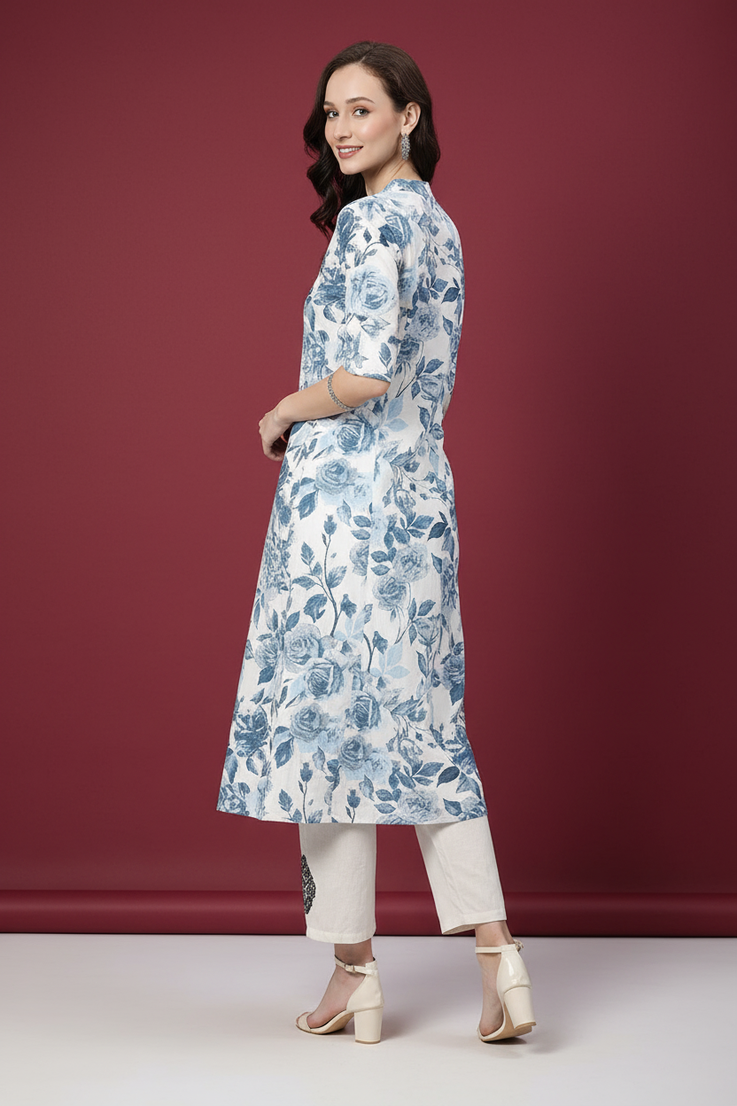 Snuggle Spot Women's Cotton Printed Floral Print Kurti (White, Blue, Cotton)