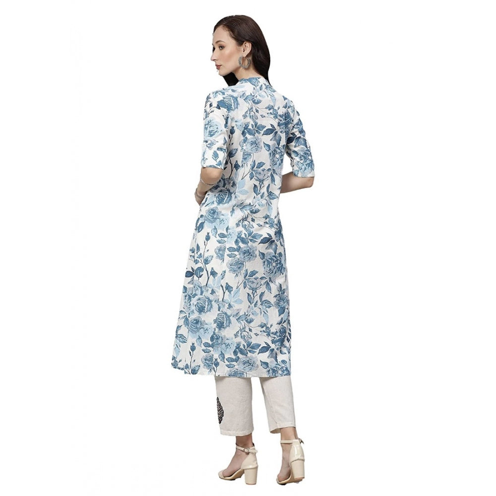 Snuggle Spot Women's Cotton Printed Floral Print Kurti (White, Blue, Cotton)