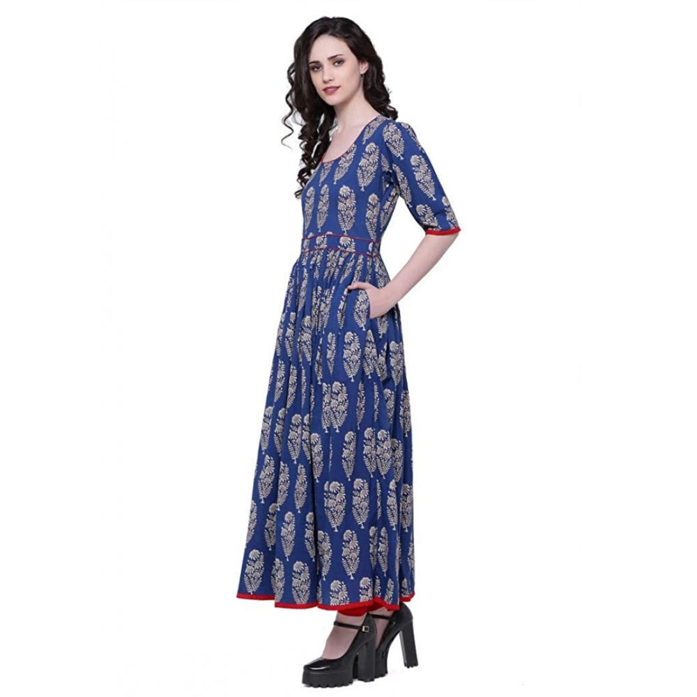 Snuggle Spot Women's Cotton Printed Anarkali Kurti (Blue, Cotton)