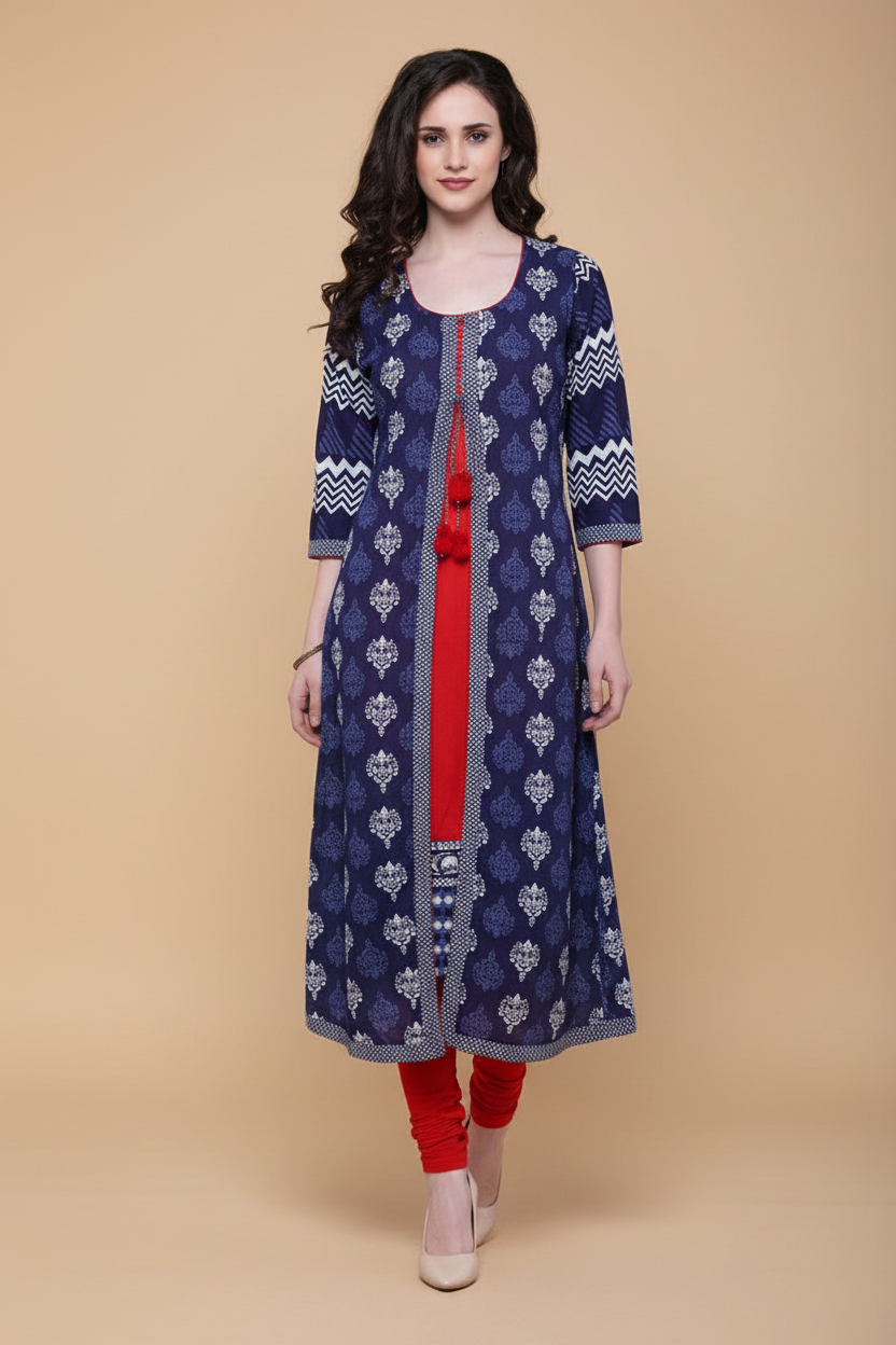 Snuggle Spot Women's Cotton Printed Long Kurti (Blue, Red, Cotton)