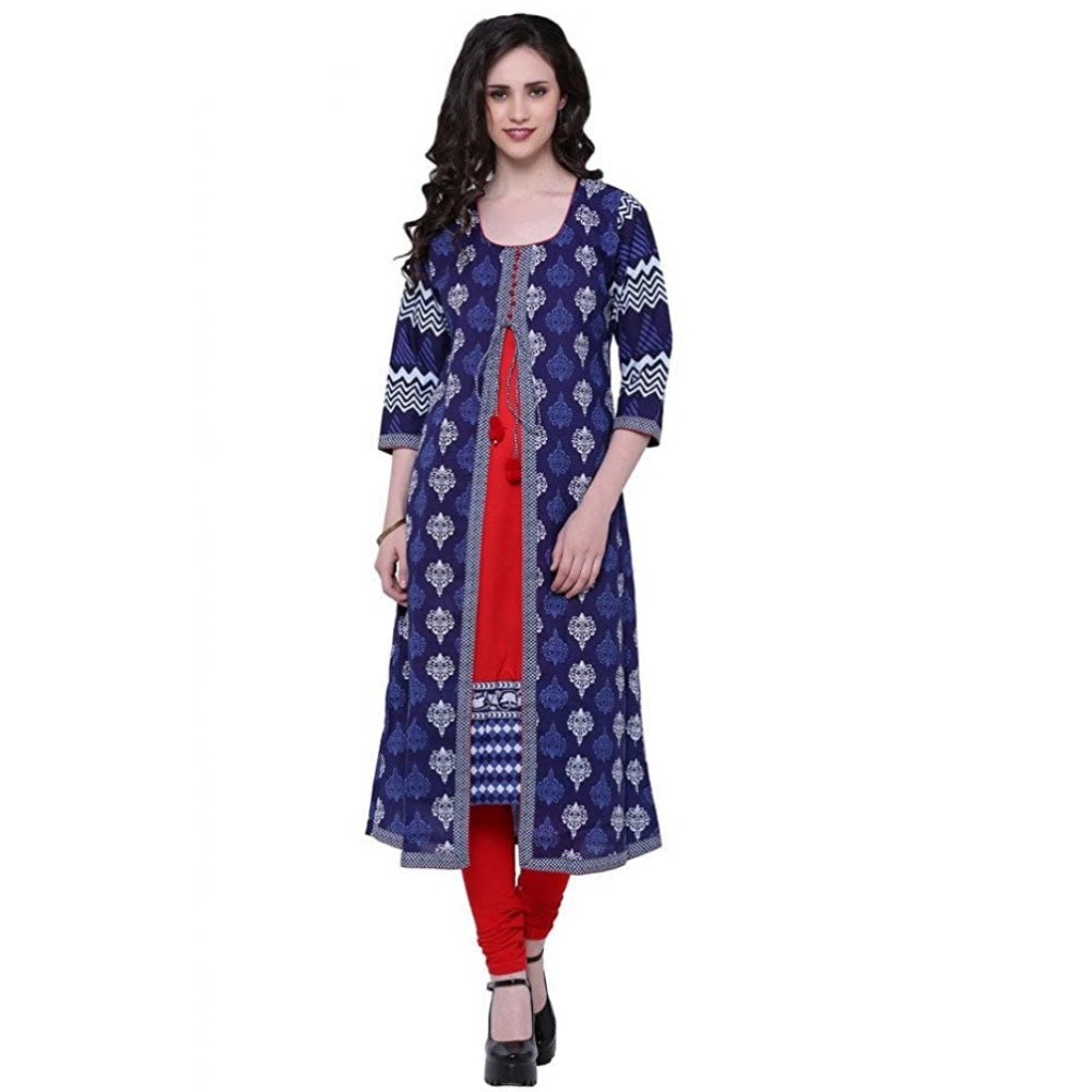 Snuggle Spot Women's Cotton Printed Long Kurti (Blue, Red, Cotton)