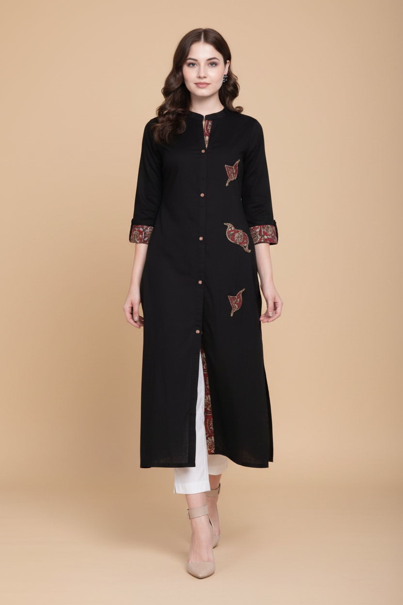 Snuggle Spot Women's Khadi Printed A Line Kurti  (Black, Khadi)