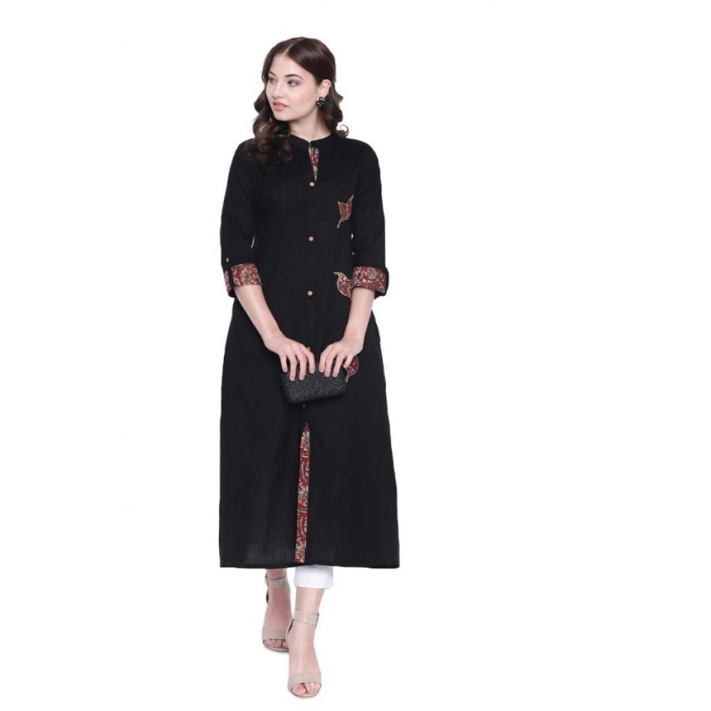 Snuggle Spot Women's Khadi Printed A Line Kurti  (Black, Khadi)