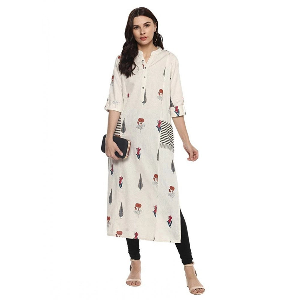 Snuggle Spot Women's Khadi Printed A Line Kurti (Off White, Khadi)