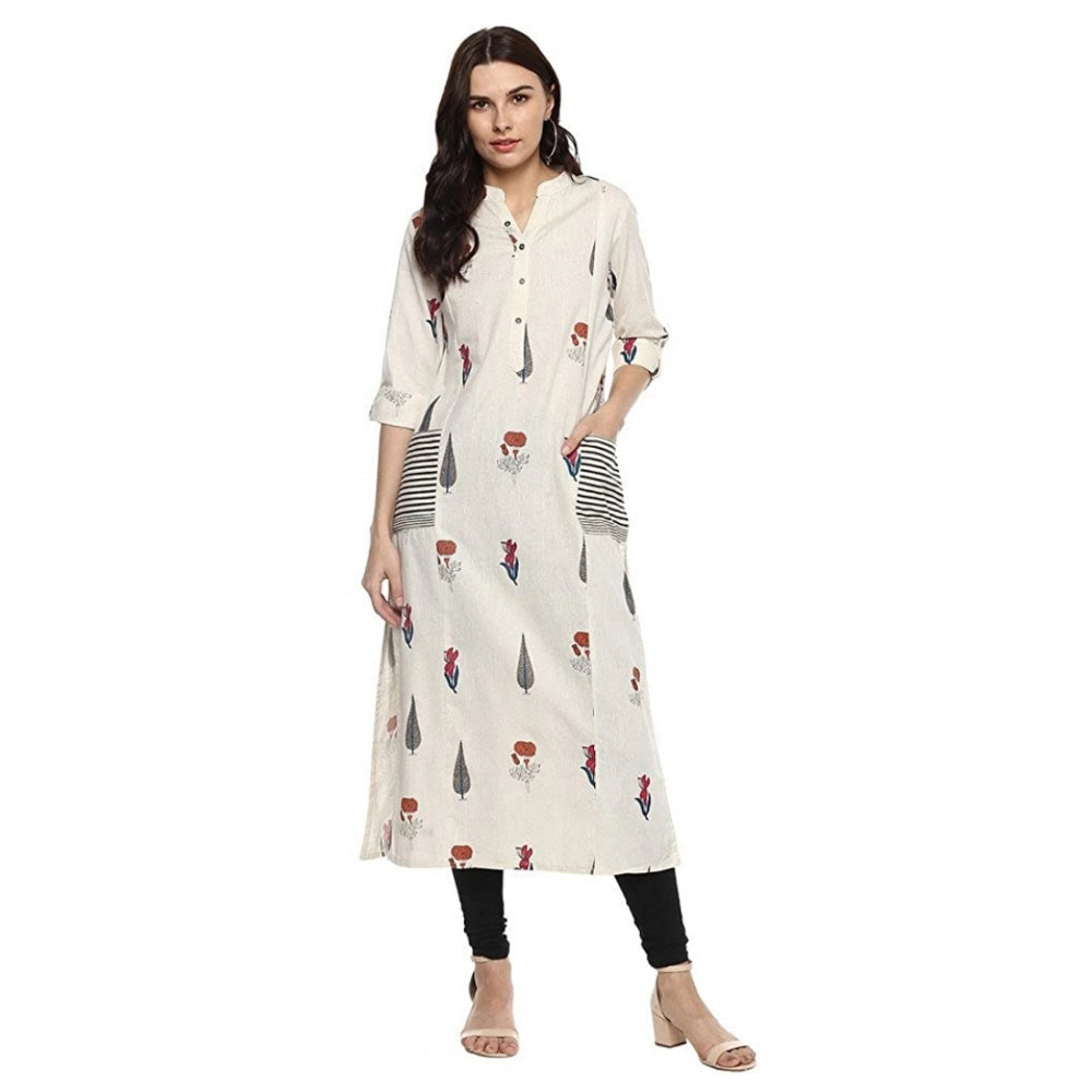 Snuggle Spot Women's Khadi Printed A Line Kurti (Off White, Khadi)