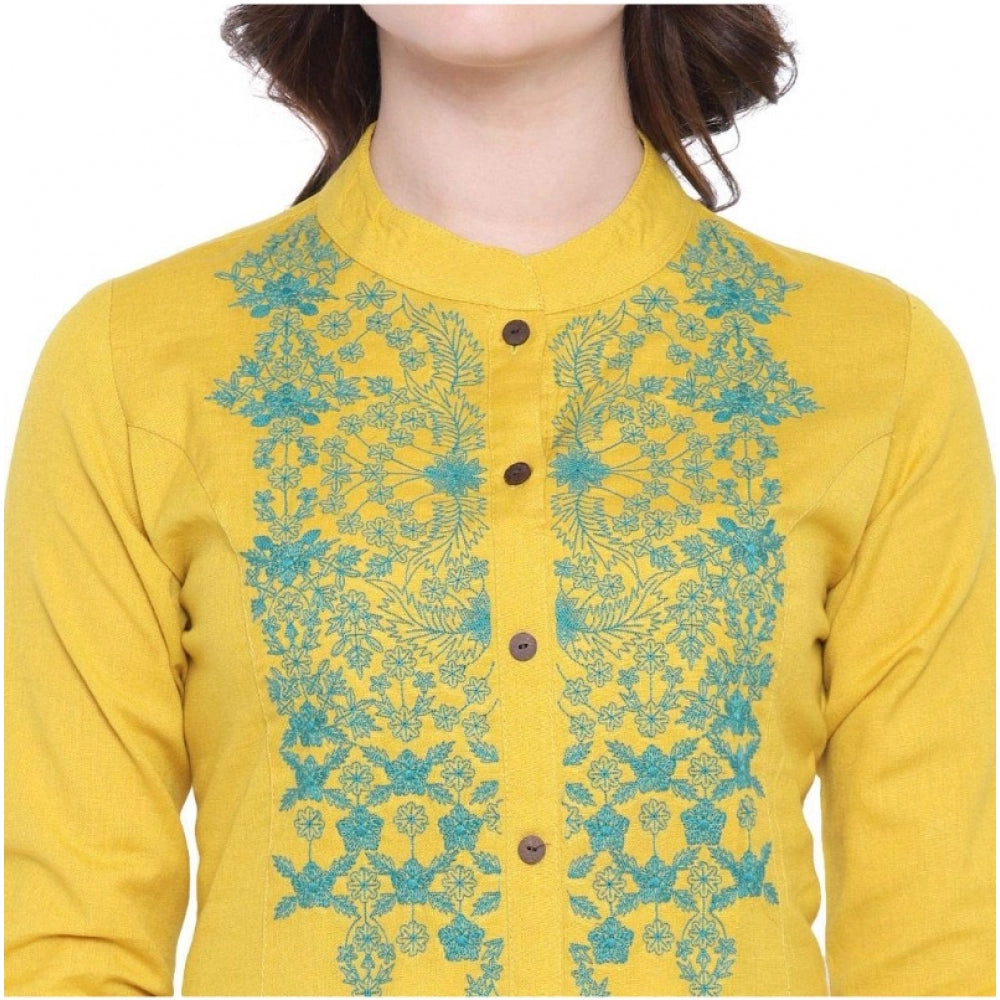 Snuggle Spot Women's Khadi Embroidered Kurti (Yellow, Khadi)