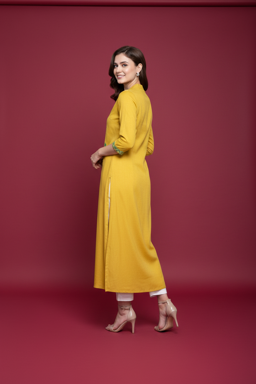 Snuggle Spot Women's Khadi Embroidered Kurti (Yellow, Khadi)