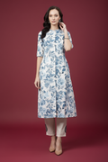 Snuggle Spot Women's Cotton Printed Floral Print Kurti (White, Blue, Cotton)