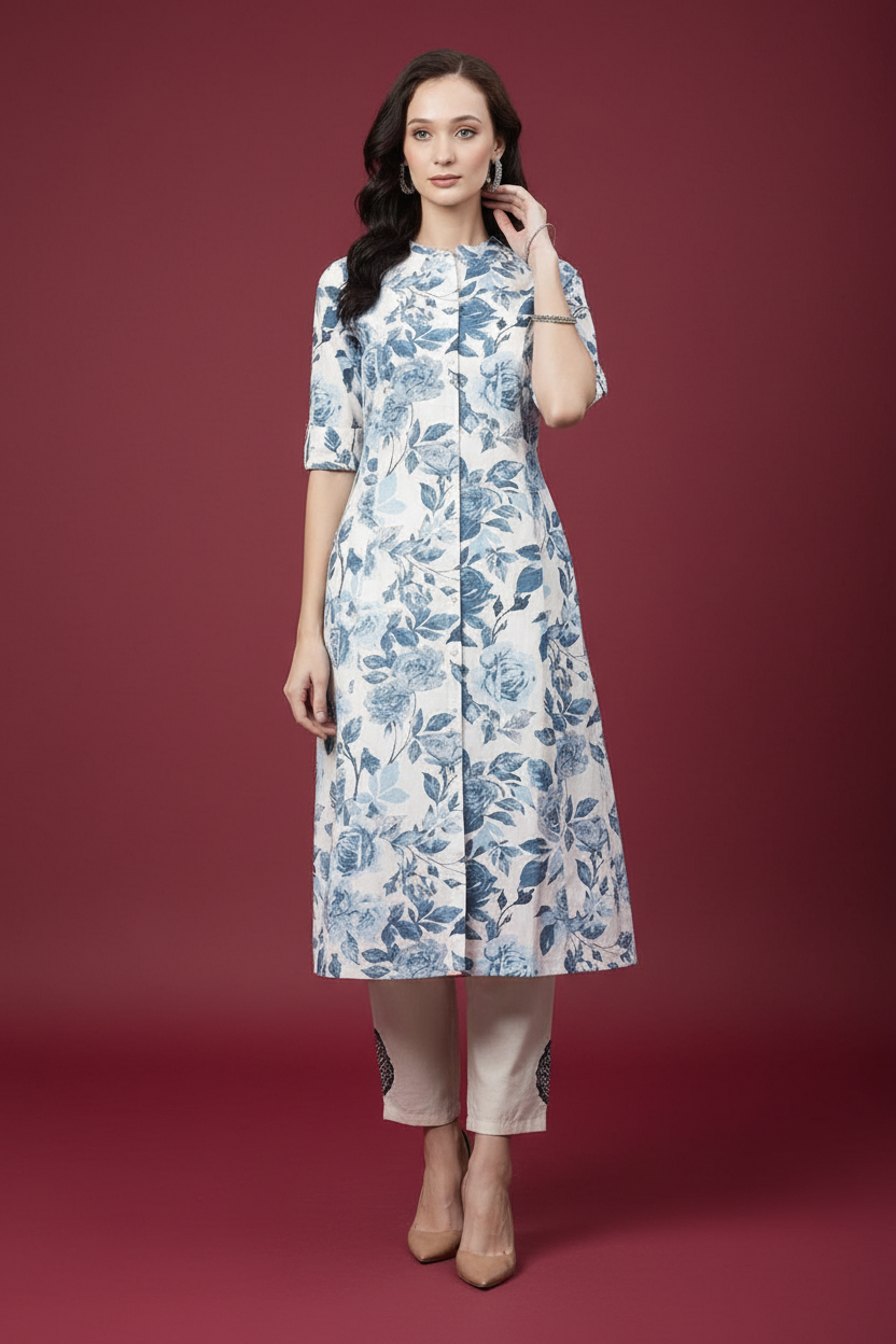 Snuggle Spot Women's Cotton Printed Floral Print Kurti (White, Blue, Cotton)
