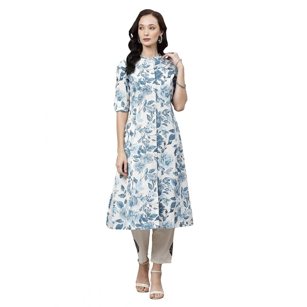 Snuggle Spot Women's Cotton Printed Floral Print Kurti (White, Blue, Cotton)