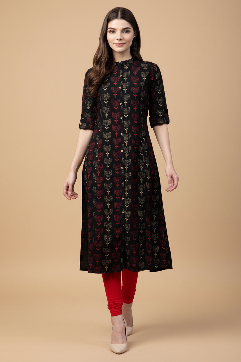 Snuggle Spot Women's Cotton Printed A Line Kurti (Black, Cotton)