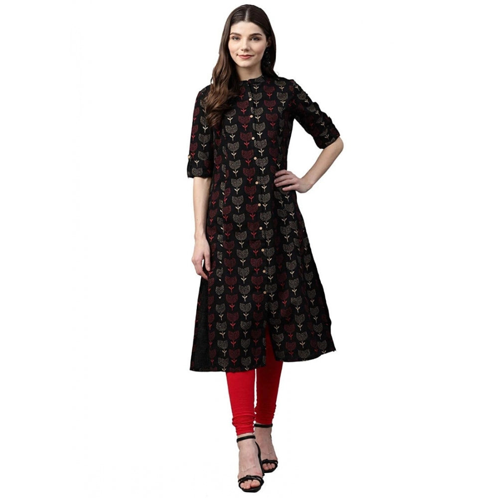 Snuggle Spot Women's Cotton Printed A Line Kurti (Black, Cotton)