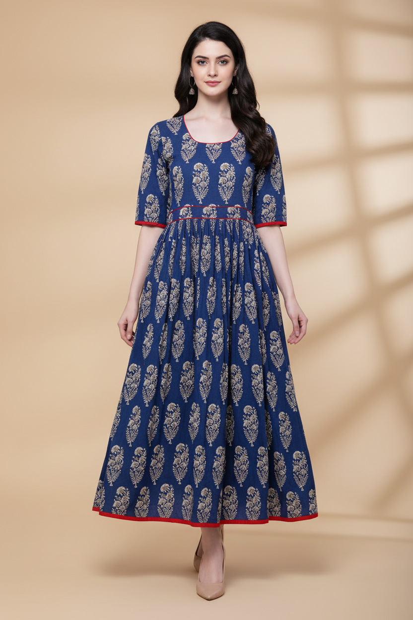 Snuggle Spot Women's Cotton Printed Anarkali Kurti (Blue, Cotton)