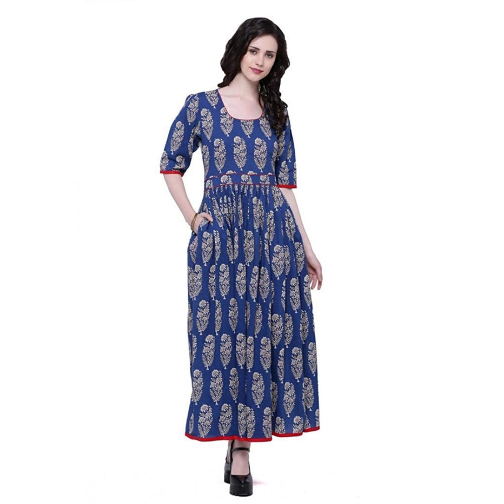 Snuggle Spot Women's Cotton Printed Anarkali Kurti (Blue, Cotton)