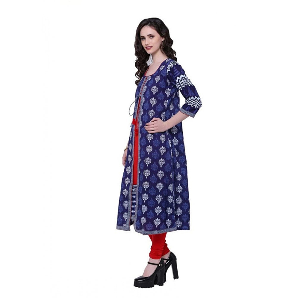 Snuggle Spot Women's Cotton Printed Long Kurti (Blue, Red, Cotton)