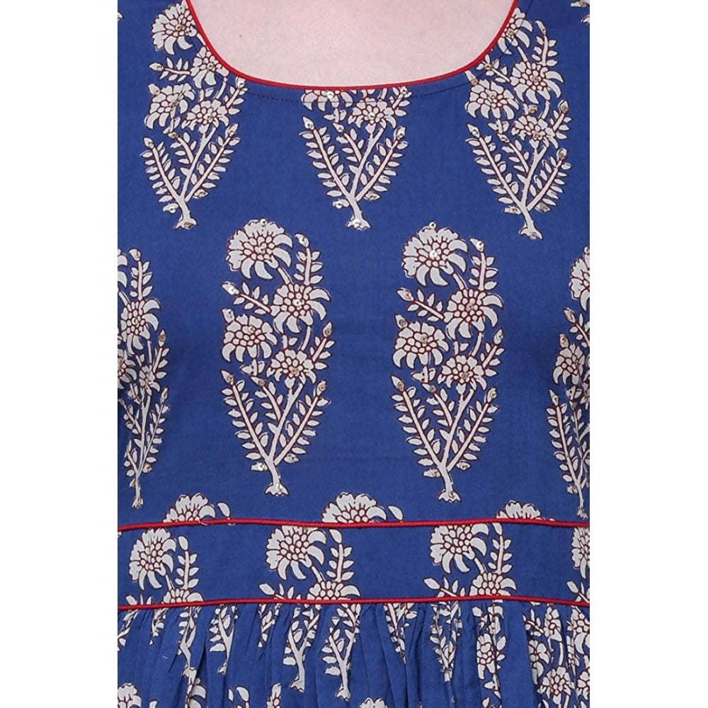 Snuggle Spot Women's Cotton Printed Anarkali Kurti (Blue, Cotton)