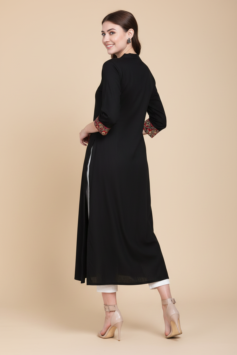 Snuggle Spot Women's Khadi Printed A Line Kurti  (Black, Khadi)