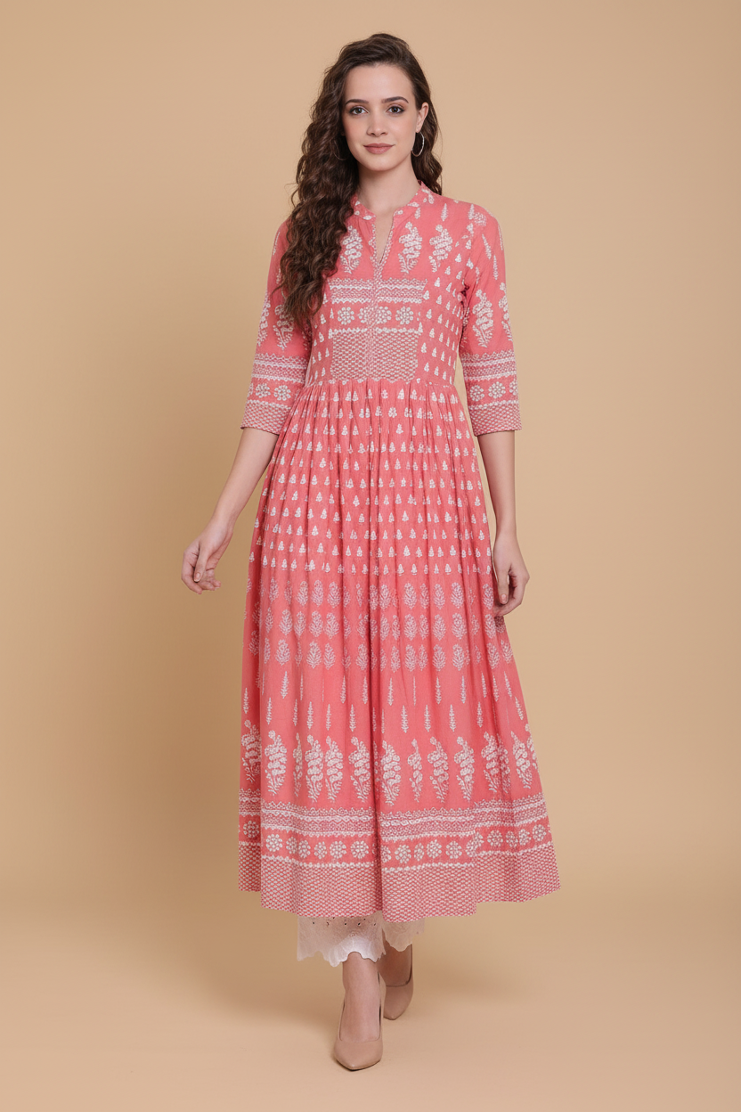 Snuggle Spot Women's Cotton Printed Regular Kurti (Peach, Cotton)