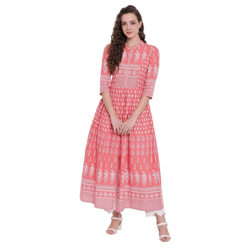 Snuggle Spot Women's Cotton Printed Regular Kurti (Peach, Cotton)