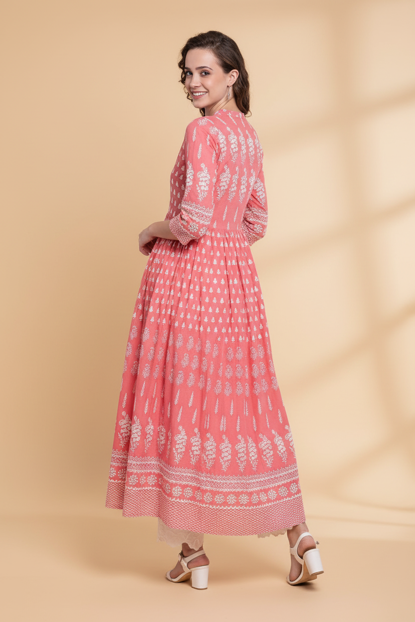 Snuggle Spot Women's Cotton Printed Regular Kurti (Peach, Cotton)