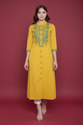 Snuggle Spot Women's Khadi Embroidered Kurti (Yellow, Khadi)