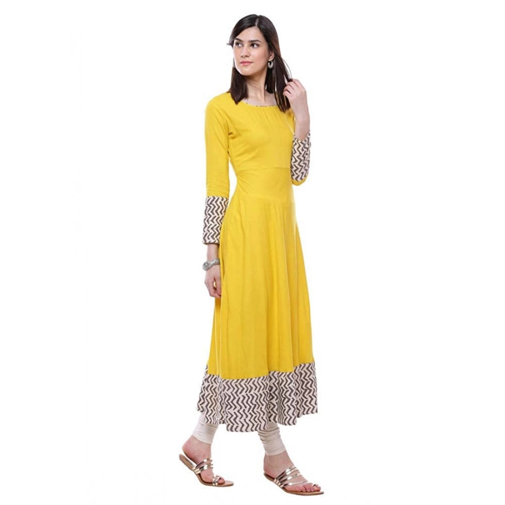 Snuggle Spot Women's Rayon Printed Solid Anarkali Kurti (Yellow, Rayon)