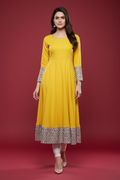 Snuggle Spot Women's Rayon Printed Solid Anarkali Kurti (Yellow, Rayon)