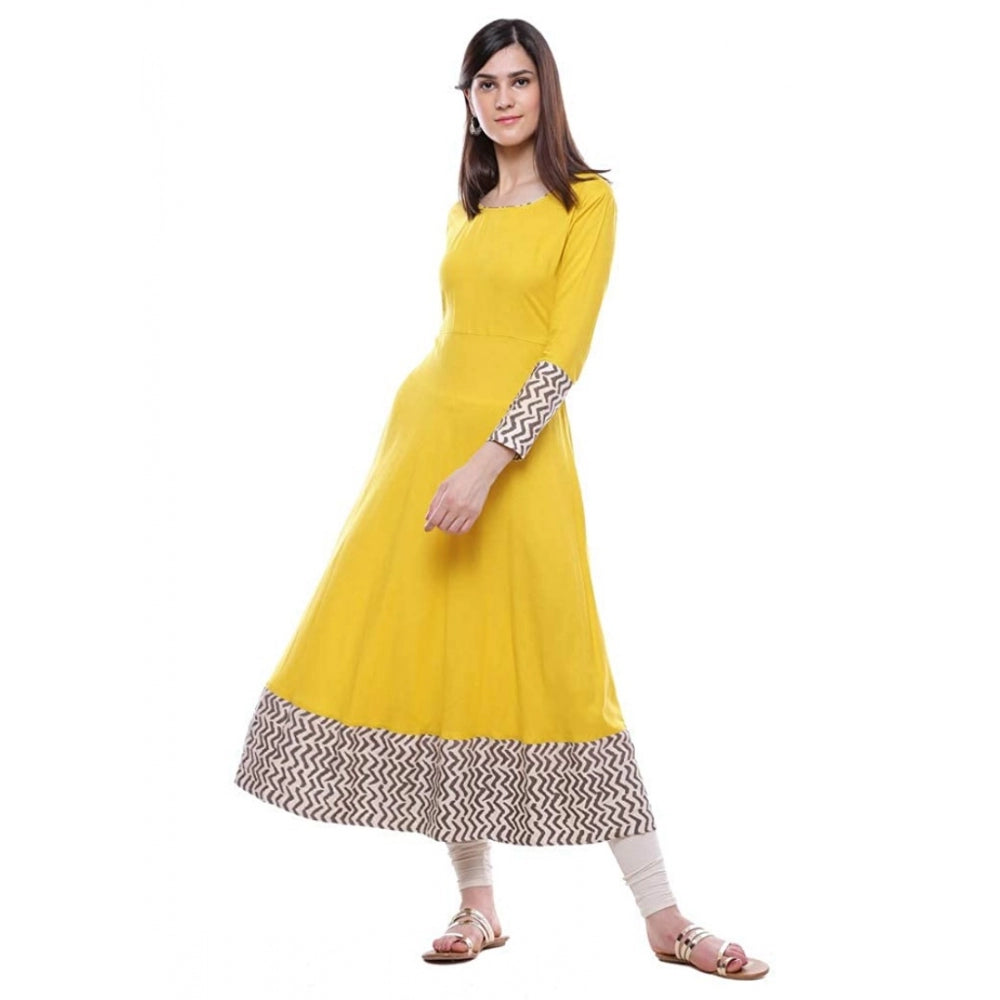 Snuggle Spot Women's Rayon Printed Solid Anarkali Kurti (Yellow, Rayon)