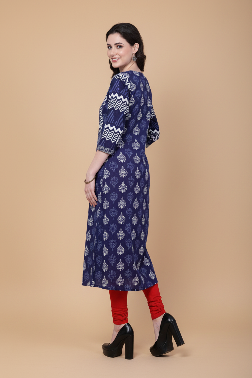 Snuggle Spot Women's Cotton Printed Long Kurti (Blue, Red, Cotton)