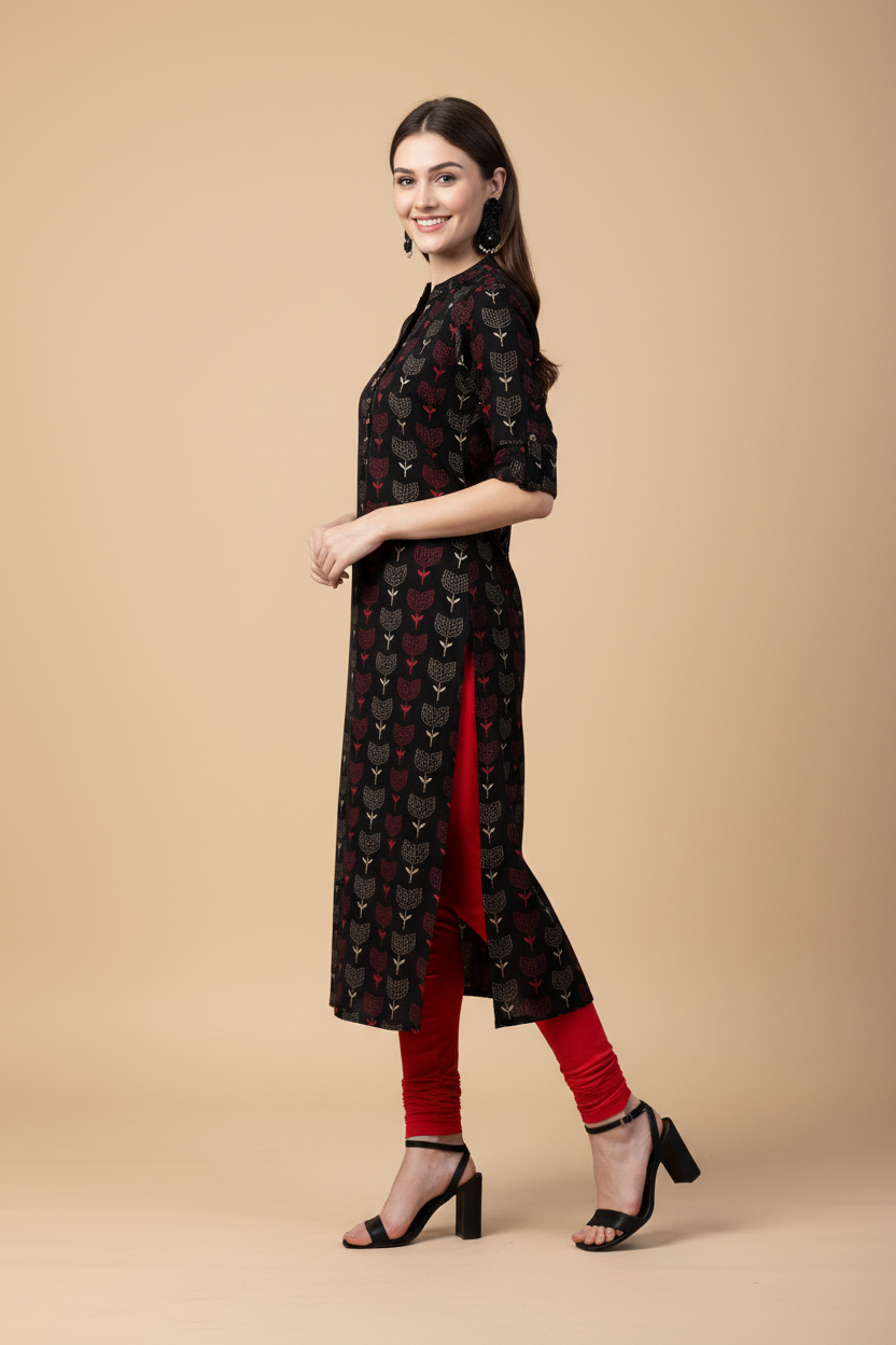 Snuggle Spot Women's Cotton Printed A Line Kurti (Black, Cotton)