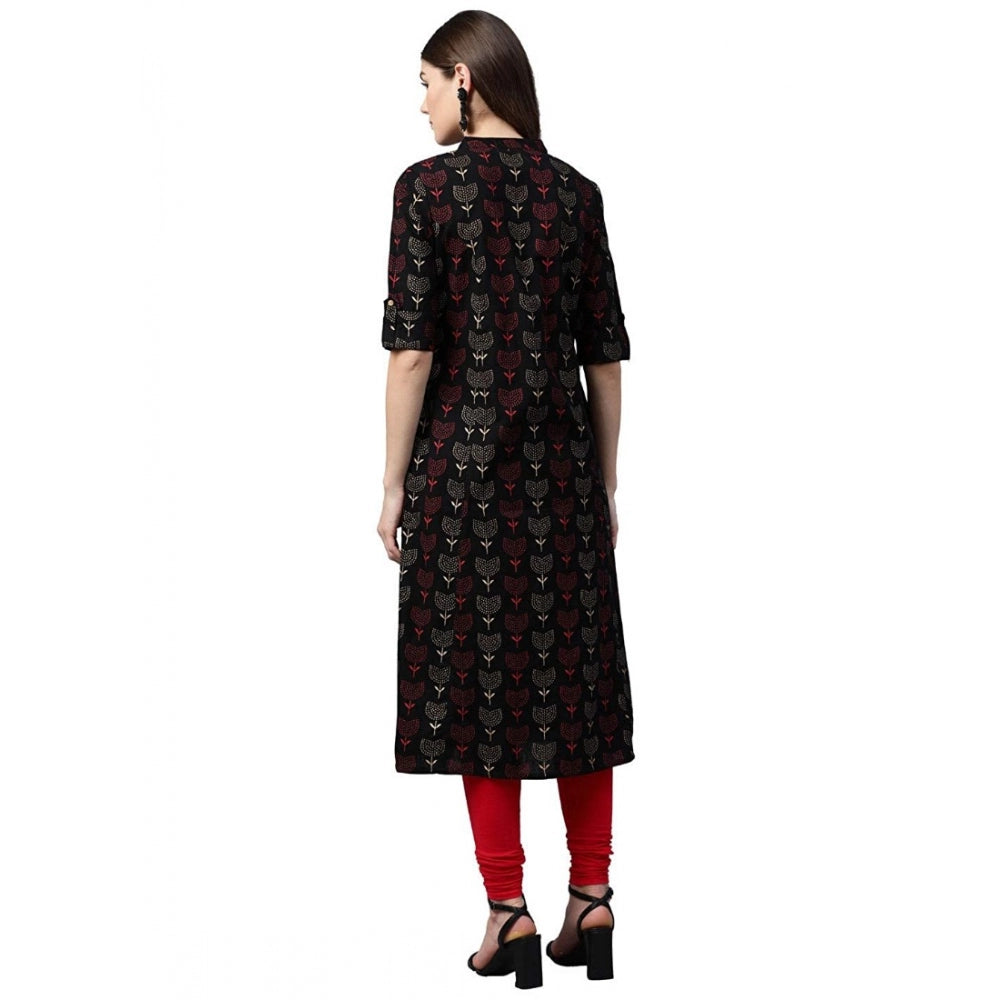 Snuggle Spot Women's Cotton Printed A Line Kurti (Black, Cotton)