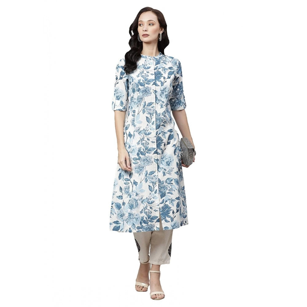 Snuggle Spot Women's Cotton Printed Floral Print Kurti (White, Blue, Cotton)