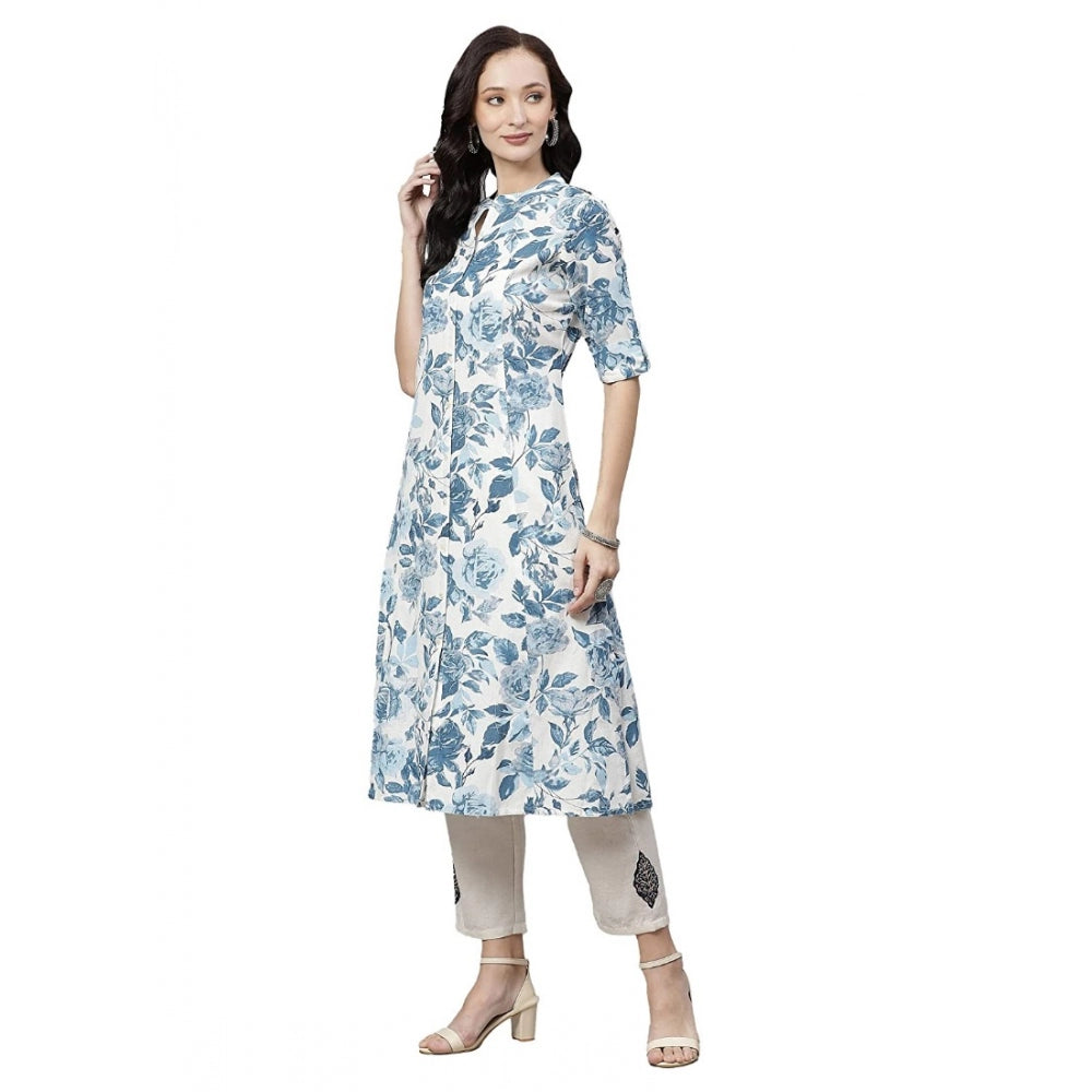 Snuggle Spot Women's Cotton Printed Floral Print Kurti (White, Blue, Cotton)