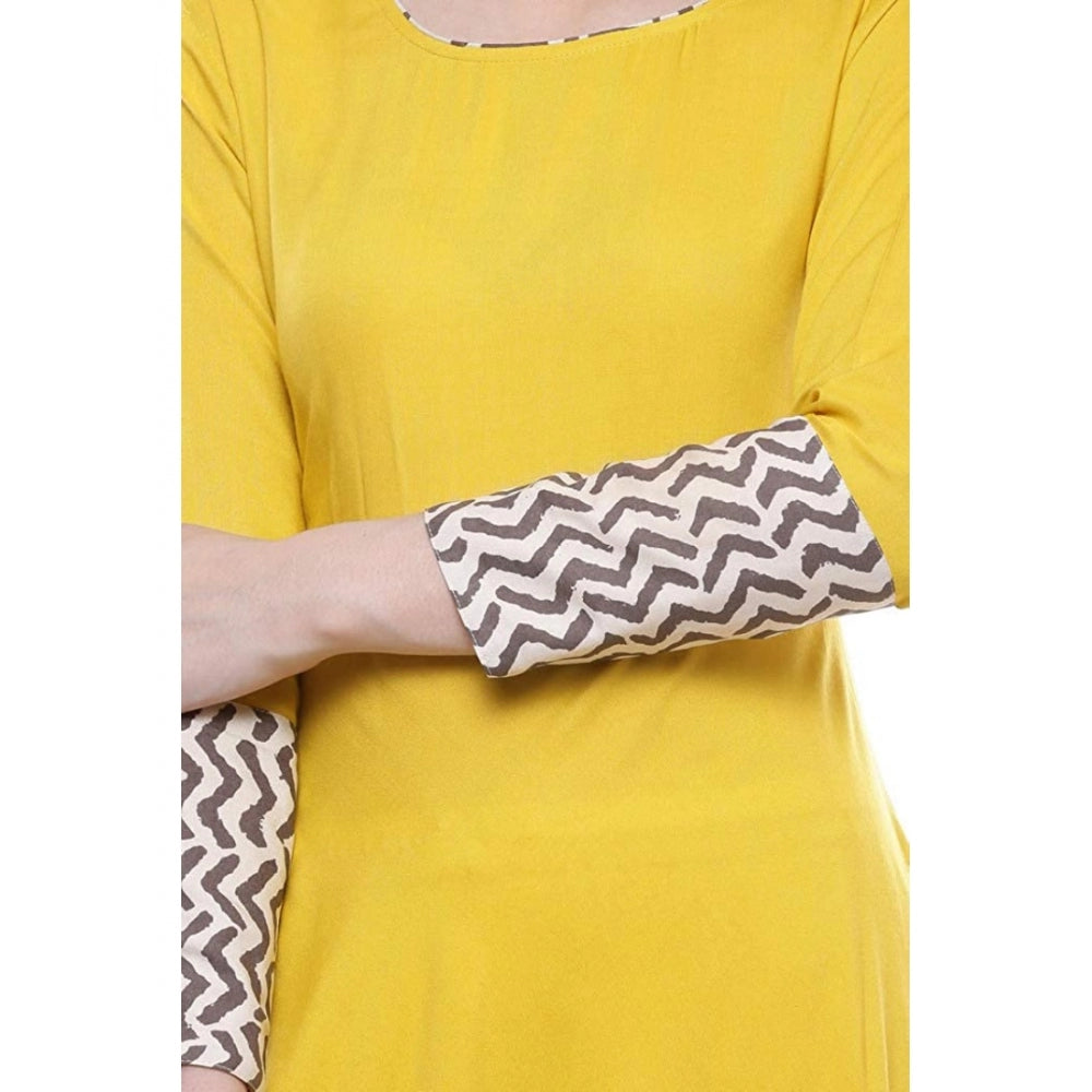 Snuggle Spot Women's Rayon Printed Solid Anarkali Kurti (Yellow, Rayon)