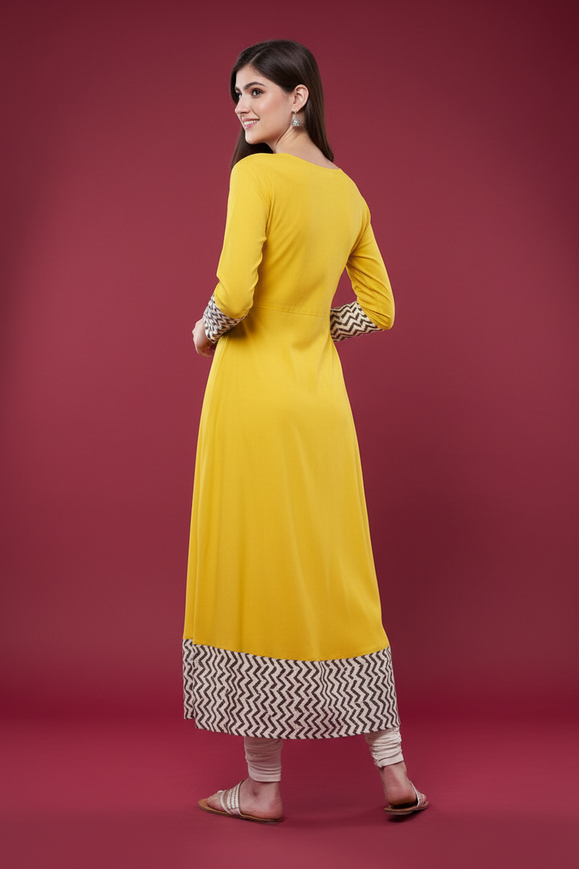 Snuggle Spot Women's Rayon Printed Solid Anarkali Kurti (Yellow, Rayon)