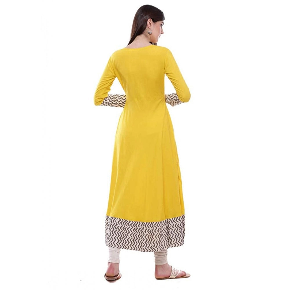 Snuggle Spot Women's Rayon Printed Solid Anarkali Kurti (Yellow, Rayon)