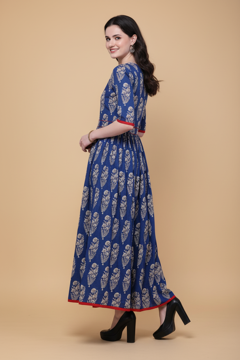 Snuggle Spot Women's Cotton Printed Anarkali Kurti (Blue, Cotton)