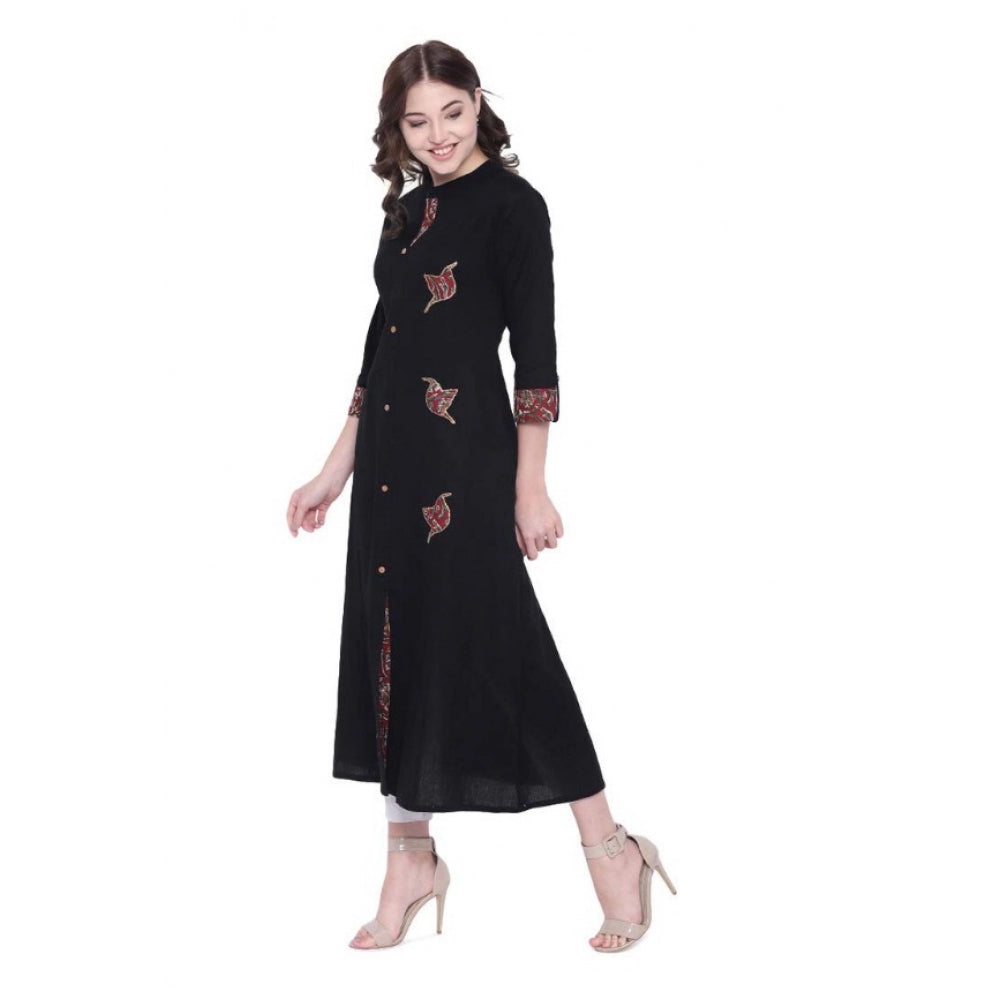 Snuggle Spot Women's Khadi Printed A Line Kurti  (Black, Khadi)