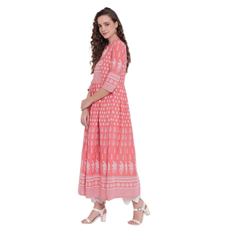 Snuggle Spot Women's Cotton Printed Regular Kurti (Peach, Cotton)