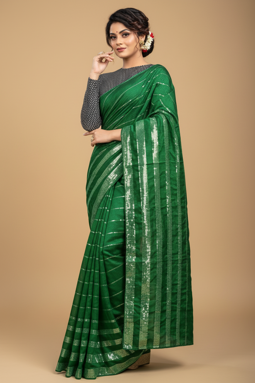 Snuggle Spot Women's Vichitra Saree with Blouse (Green, 5-6 Mtrs)